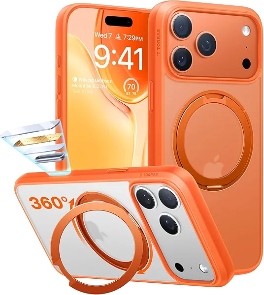 TORRAS Upgrade 360 Magnetic Stand for iPhone 17 PRO Case with Camera Control Button, Fit for MagSafe, Mil-Grade Protection, Slim Soft Edge Translucent Back for iPhone 17Pro 6.3 inch, Cosmic Orange