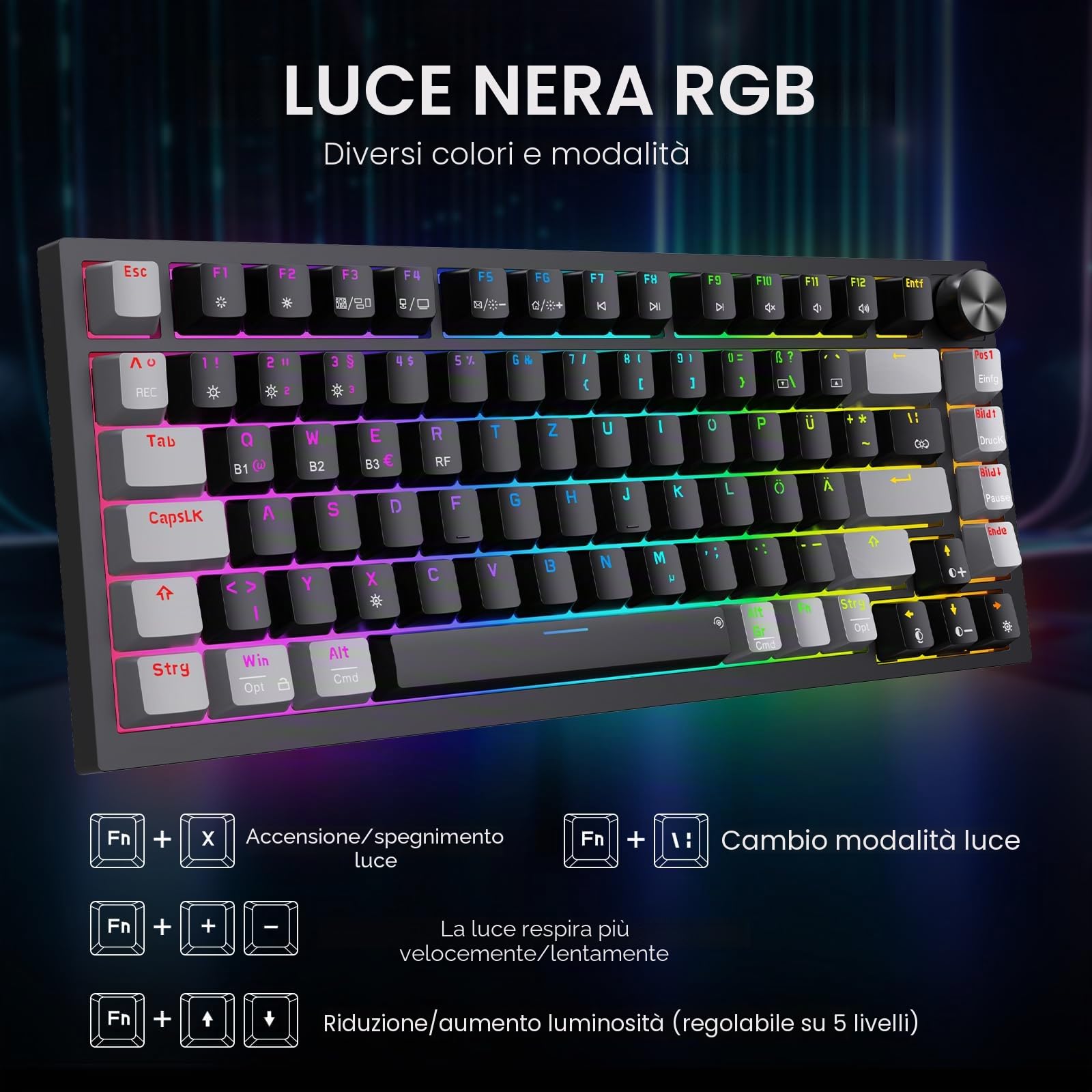 KOORUI Tastiera meccanica, tastiera da gioco senza fili/cablati/Bluetooth 26 RGB ricaricabile 4000 mAh batteria 82 tasti layout tedesco QWERTZ per Windows MacOS Linux interruttore rosso