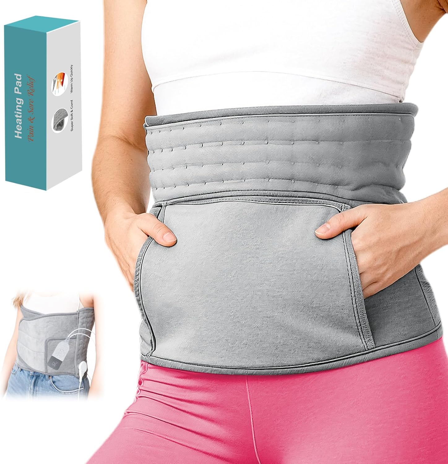 Extended Electric Heating Pad Belt Wrap for Period Cramps Abdomen Waist Lower Back Neck Shoulders Leg Arms Pain Relax with 3 Meters Power Cord Timer Temperature Settings Auto Shut Off Mom Dad Gift