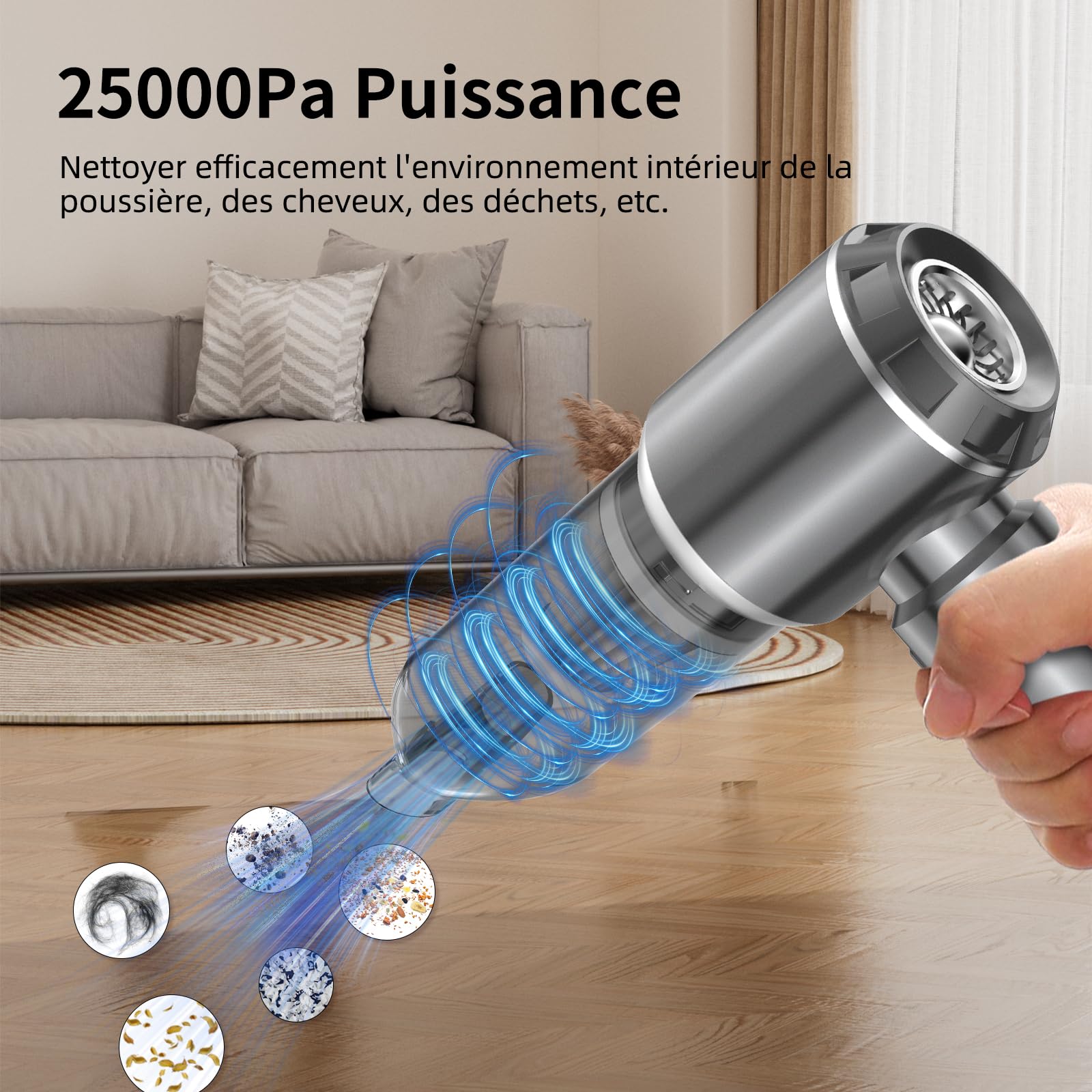 Aspirateur à Main, 25000Pa Aspirateur à Main sans Fil, Aspirateur de Voiture à 3 Vitesses avec Moteur sans Brosse, Mini Aspirateur de Voiture pour Voiture Animaux Maison Car