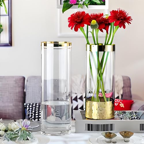 Miniatura 7 de Jarrones altos para flores, centros de mesa, decoración de boda, sala de estar, regalo, florero cilíndrico de vidrio transparente, chapado en oro