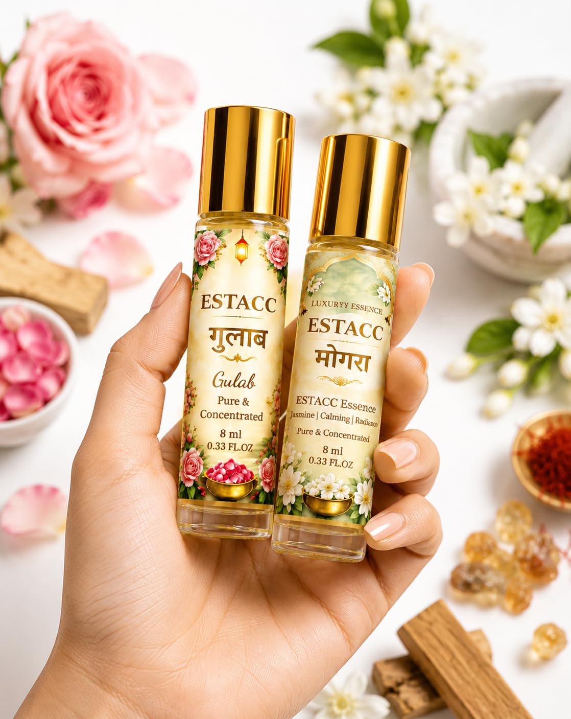 Gulab & Mogra Attar Perfume Oil Roll-On, Rose & Jasmine Fragrance, Alcohol-Free, 8ml x 2 Combo Pack-image-31