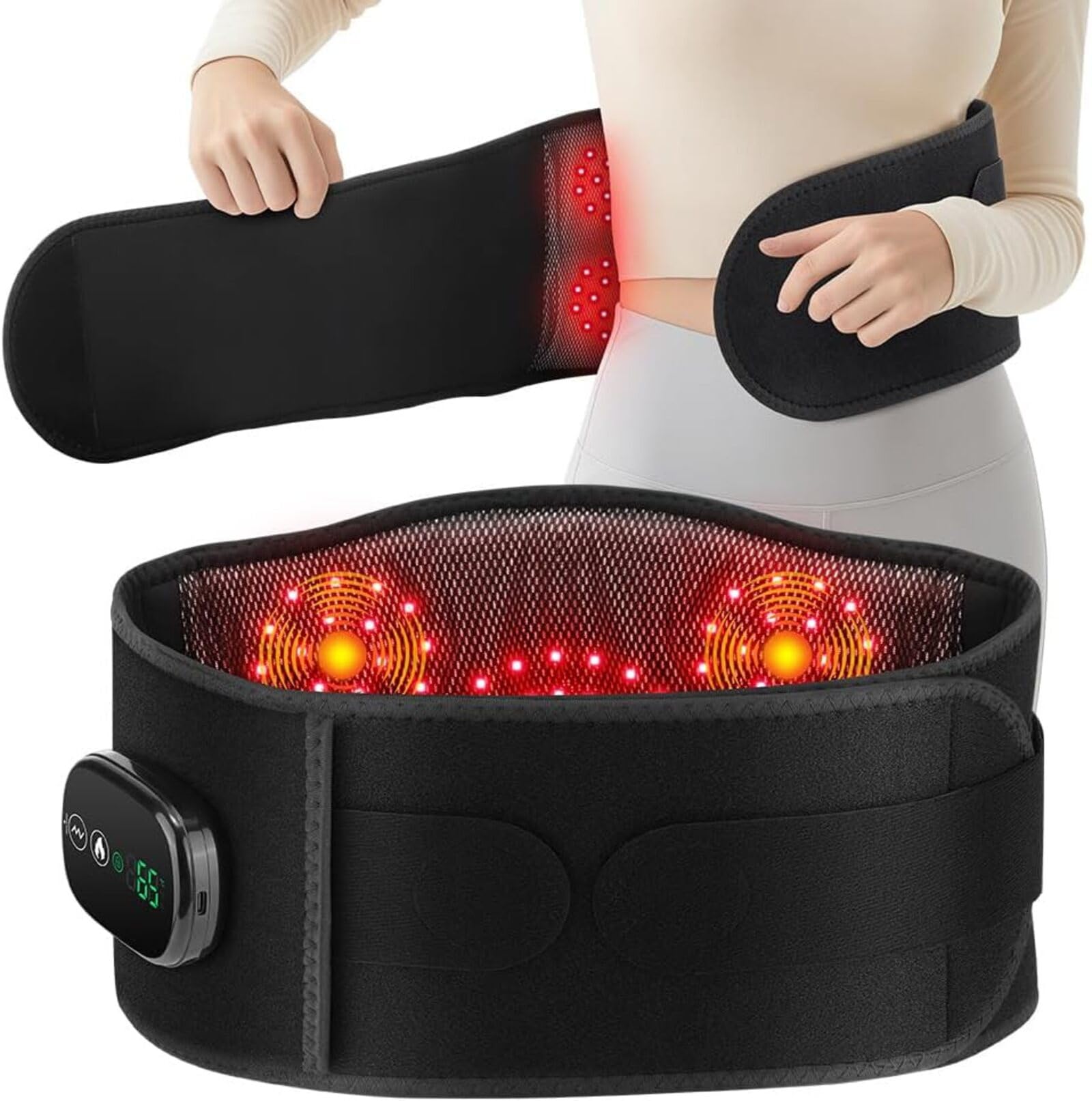 Wärmegürtel Vibrationsmassage, Infrarot Wärmegürtel Rücken Massagegerät | 5000mAh Akku, 5 Vibrationmoden, Anpassbare Elastikbänder, zur Schmerzlinderung und Entspannung
