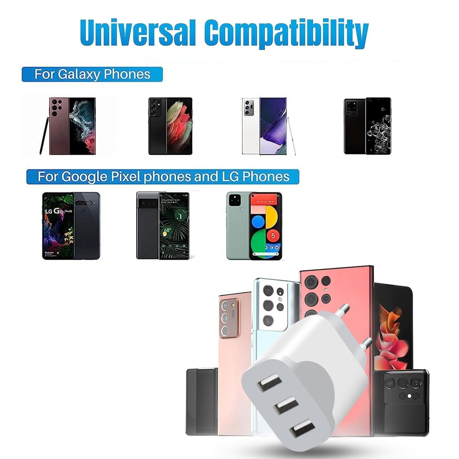 Chargeur USB 2Pack, Prise USB Multiple 3 Ports Adaptateur Charge Rapide Universel Prises pour lPhone 14/13/12/11 Pro Max Mini SE XR XS Max G alaxy S21 S20 A71 A51 Note 20 Xiaomi Plug Charger