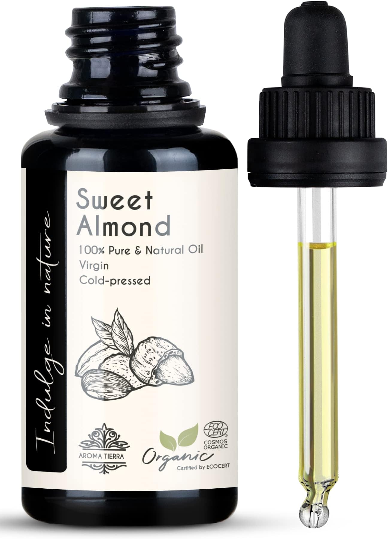 Aroma Tierra Sweet Almond Oil - 100% Pure Organic Cold Pressed Unrefined - For Face Skin Hair Body Nails - 30ml