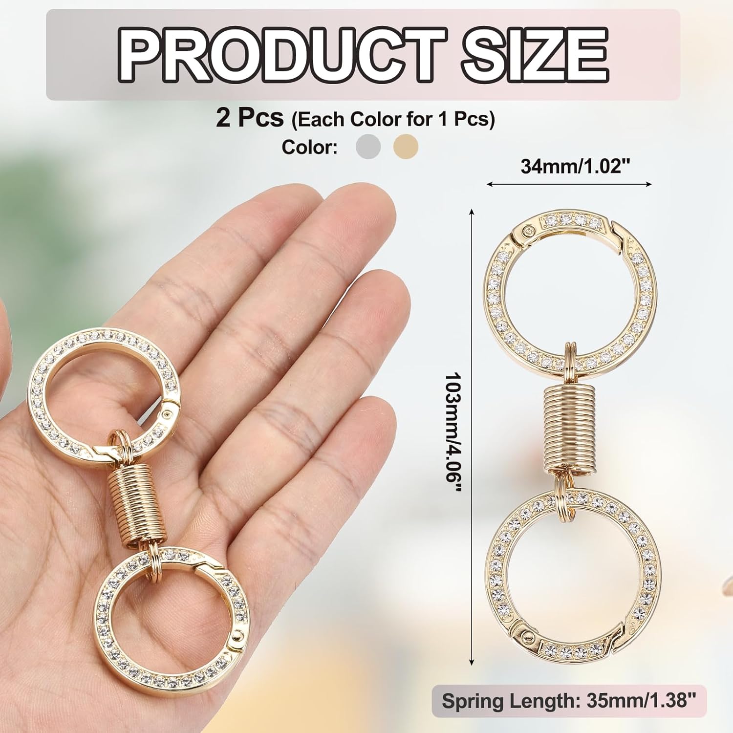 PATIKIL Spring Double Ring Keychain, Retro Rhinestones Detachable Snap Hooks Dual Spilt Ring Holder Swivel Clasp Clip