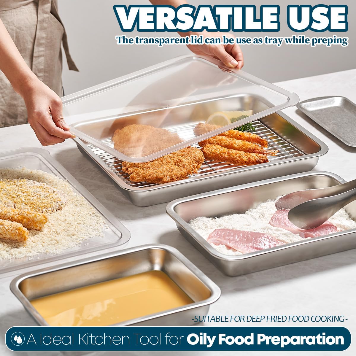 WAGENSTEIGER Juego de recipientes de acero inoxidable para preparación de alimentos con estante y tapa transparente, sartenes de catering, sartenes de restaurante, sartenes de fiesta de bufé, sartenes