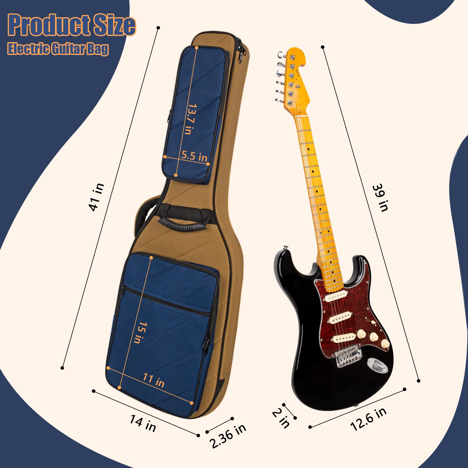 Sac de transport pour guitare électrique - Rembourrage de 15 mm - Housse souple pour guitare électrique - Sac à dos avec bandoulière réglable, Sac pour guitare électrique - Bleu, 41X 14X 2.36