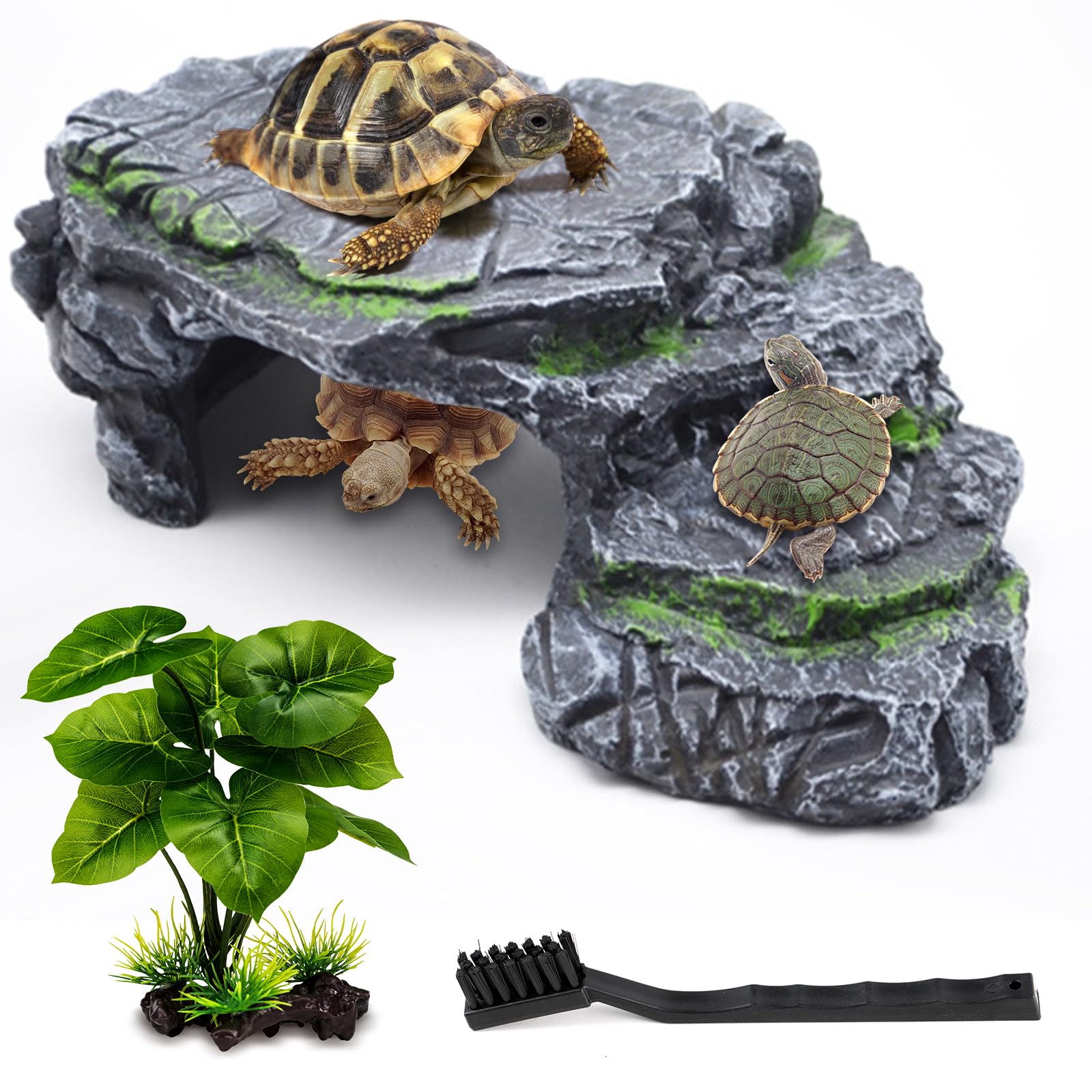 MoonOrange Turtle Basking Platform Kit, Reptile Habitat Hideout, Decorative Resin for Aquarium & Terrarium, Including Artificial Plant and Cleaning