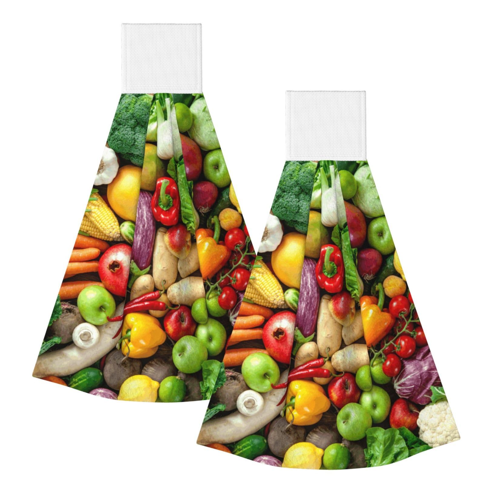 DOPKLNA Fresh Fruits And Vegetables Printed, 2 Pcs Hanging Coral Fiber Hand Towels for Bathroom, Absorbent Kitchen Towels