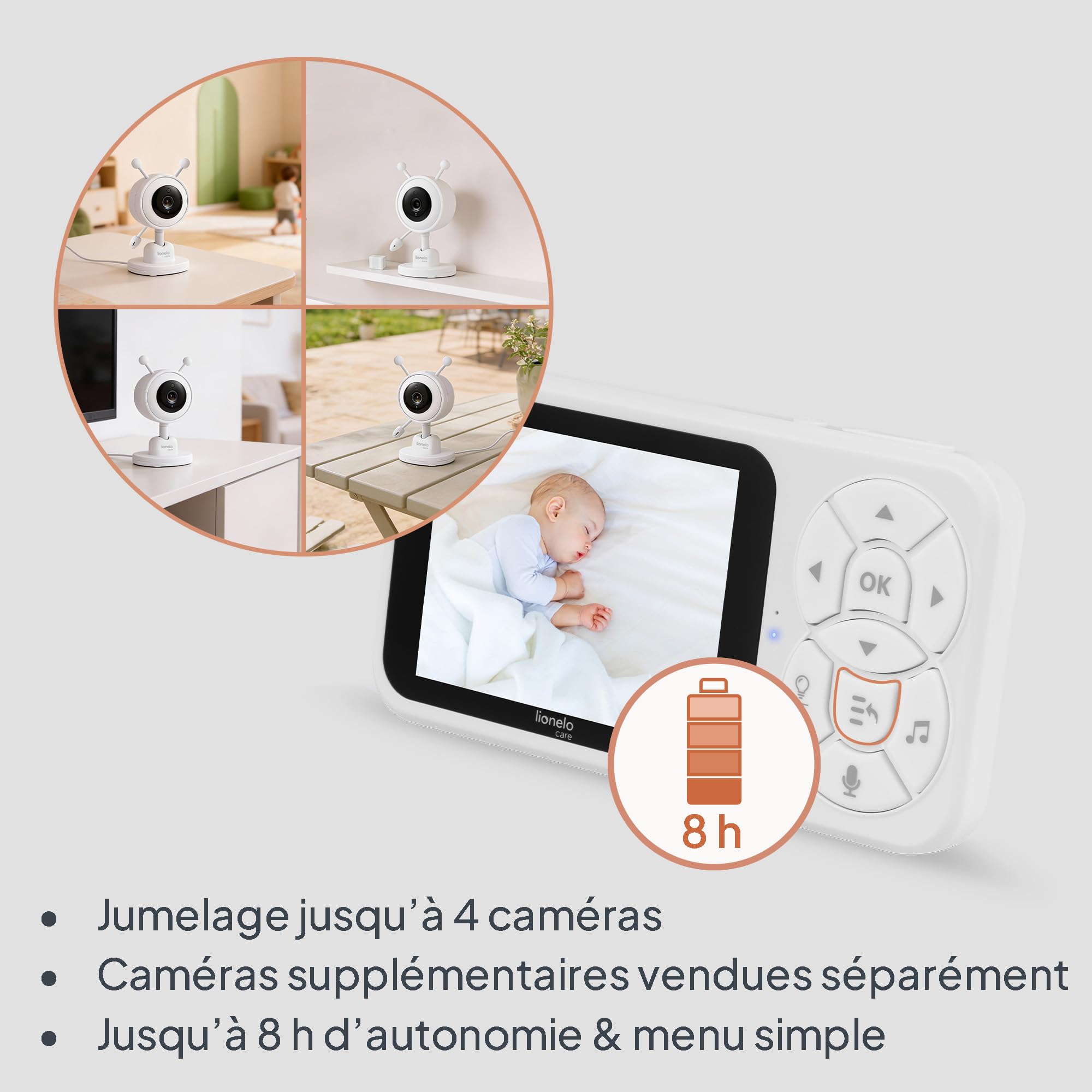 Lionelo Babyline 3.4 Babyphone Caméra Sans Wi-Fi, Écran 3,5" | Vision Nocturne 10 m, Audio 2 Voies, Zoom 4×, Veilleuse Multicolore, 6 Mélodies, Alertes Pleurs/Température, Portée 200 m