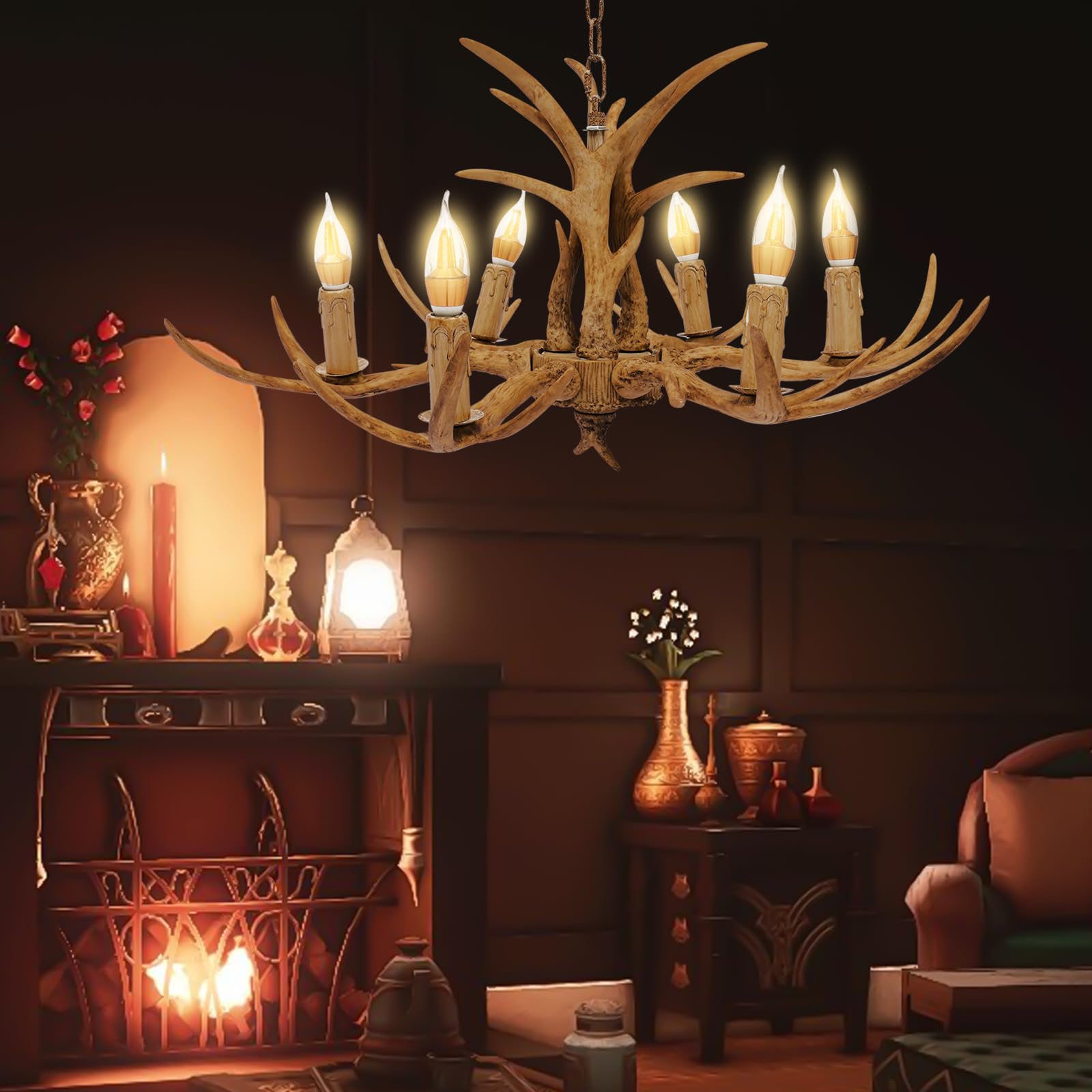 Shiyinge Retro Brown Antler Chandelier Heads Deer Horn Ceiling Light Pendant Lamp Resin 6 Spiral lamp Holders with 6 x E14 Bulb for Living Rooms bedrooms Restaurants Bars cafes and Other Places