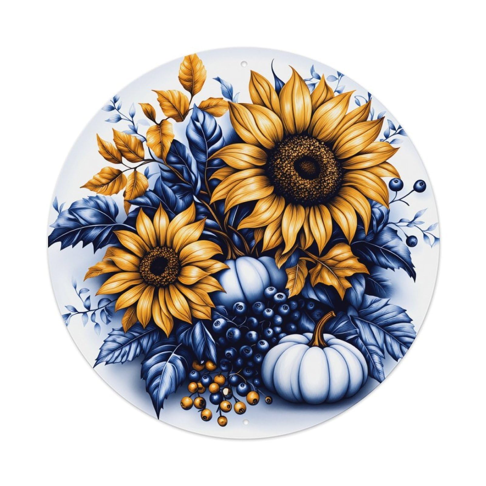 Sunflower Blue Leaves Pumpkin Berries Round Tin Sign Retro Metal Sign for Cafe Bar Pub Home Game Room Gym Club Wall Decoration Vintage Metal Poster 8x8 Inch