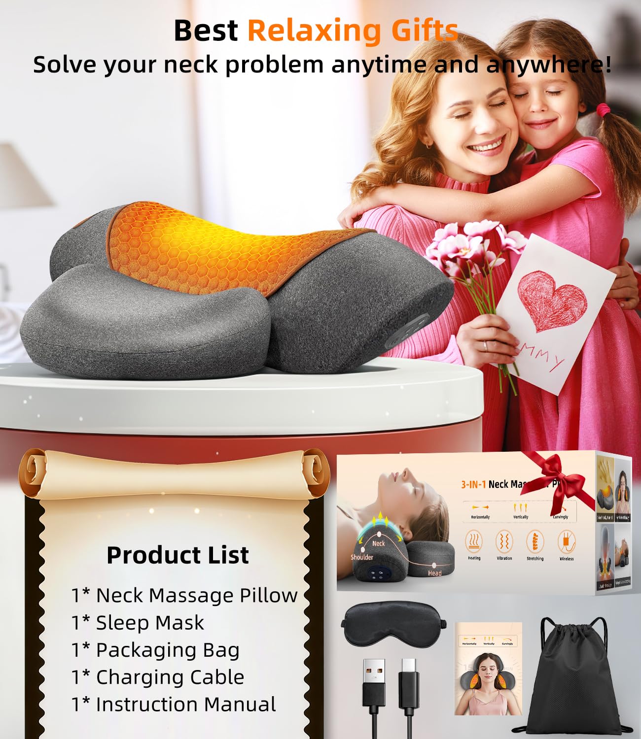 Upalled Cordless Heated Neck Massager Pillow for Pain Relief Deep Tissue, 3-in-1 Rechargeable Neck Cervical Traction Device with Heat, Massage, Electric Stretch, Ergonomic Neck Shoulder Relaxer, Grey — view 8