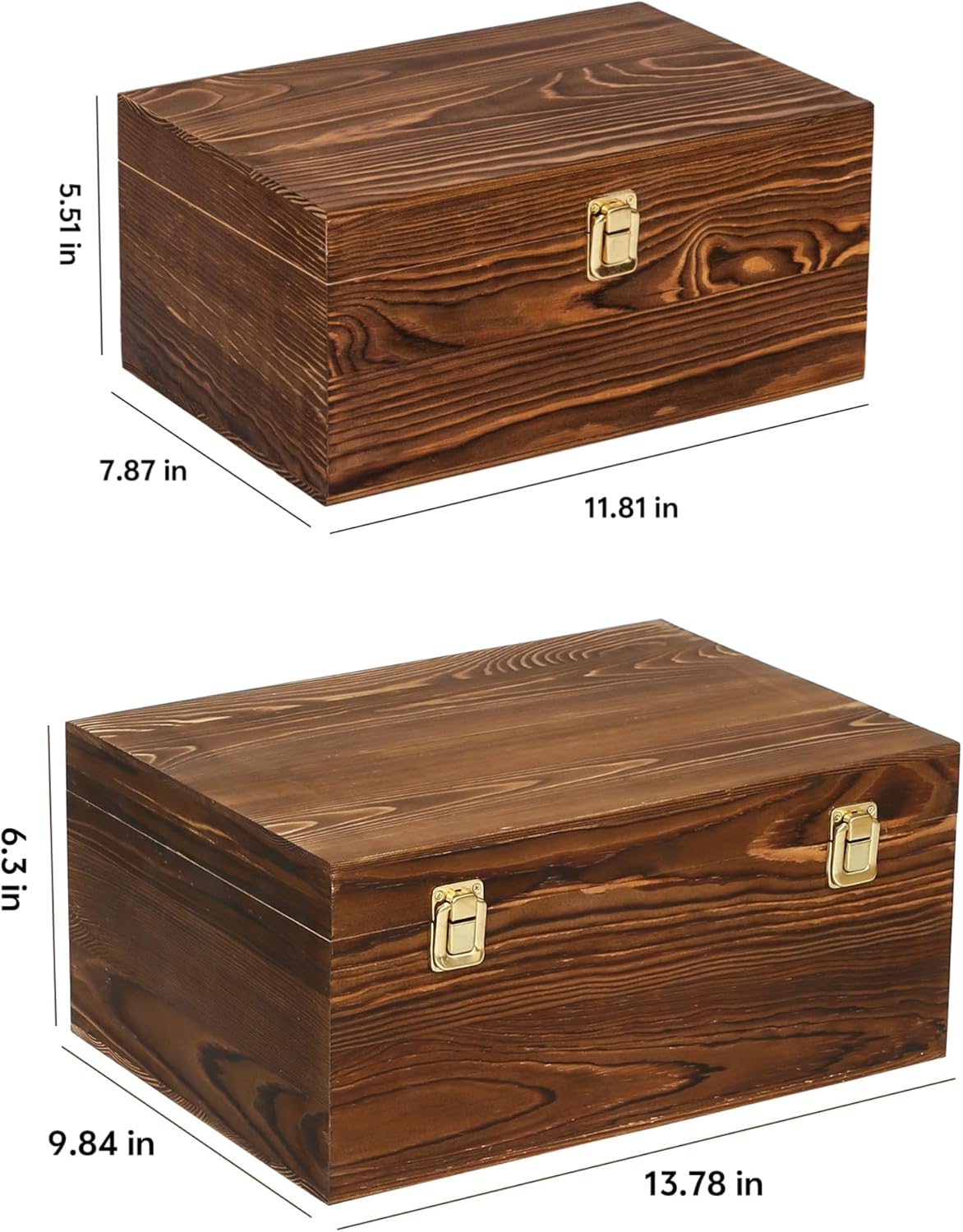 Set of 2 Vintage Bown Wood Boxes with Hinged Lid & Metal Latch, Wooden Crates Set for Photos, Letters, Crafts & Home Organization, Farmhouse Rustic Decor (Vintage Brown)