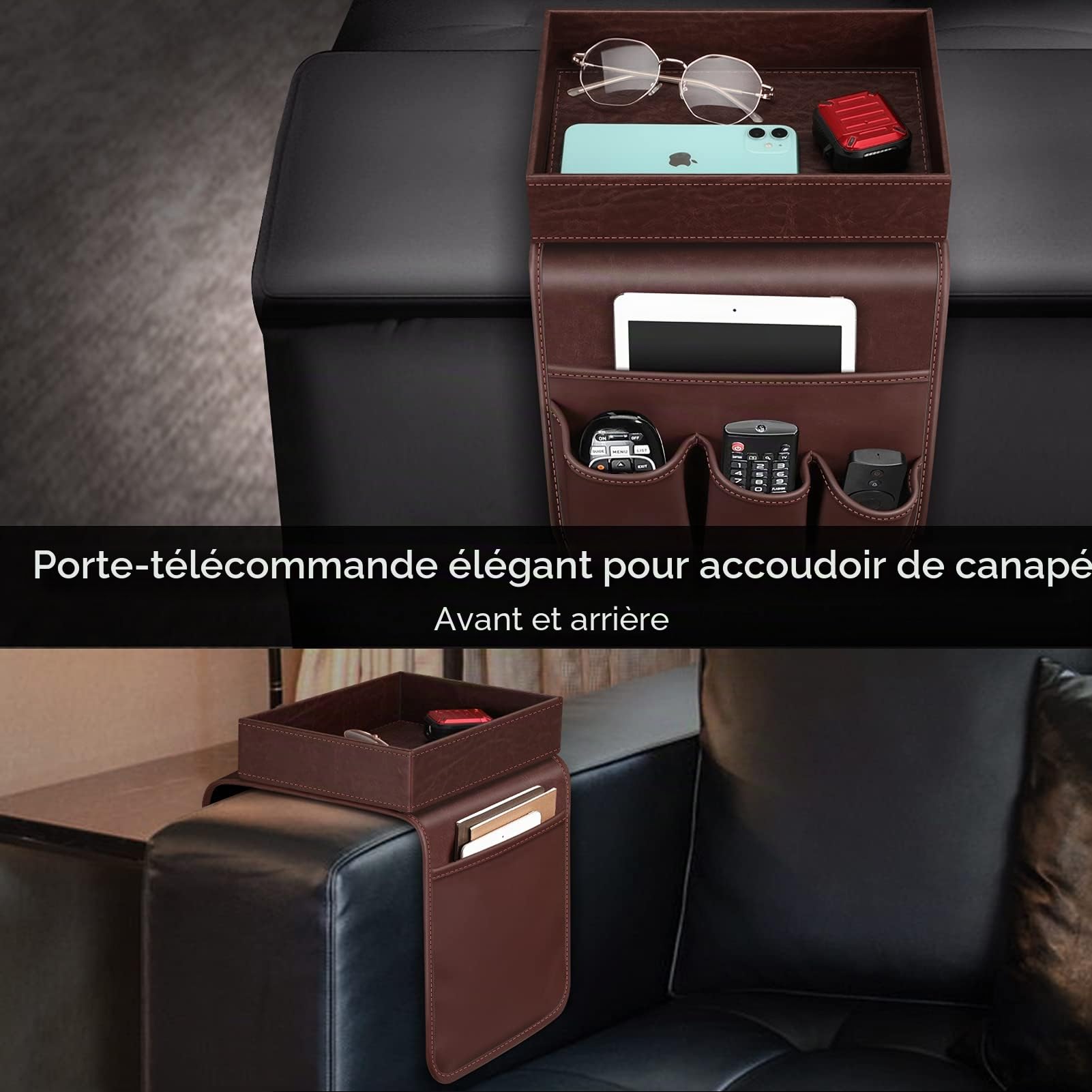 SITHON Canapé Accoudoirs Organisateur avec Plateau amovible, [Antidérapant] Sac de Rangement Canape en cuir PU avec 5 poches pour Tablettes, Magazines, Télécommande, Téléphone, et Livres, (Brun)