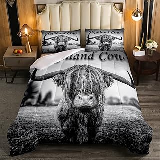 Western Cow Bedding Set Highland Cow King Size Comforter Sets for Men Boys,Farmhouse Funny Bull Cattle Cow Skull Quilted Comforter Rustic Cowboy Animal Theme Duvet Insert Black Grey for All Season