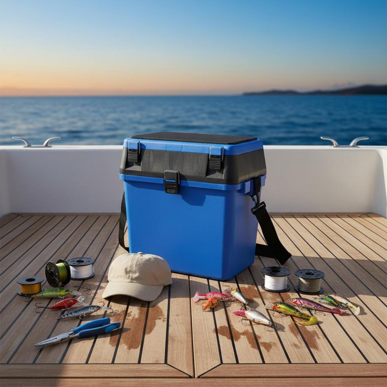 Cassetta da Pesca con Seduta Grande Capacità Sgabello Contenitore da Pesca Ampio Vano Superiore Valigetta Porta Minuterie, Blu