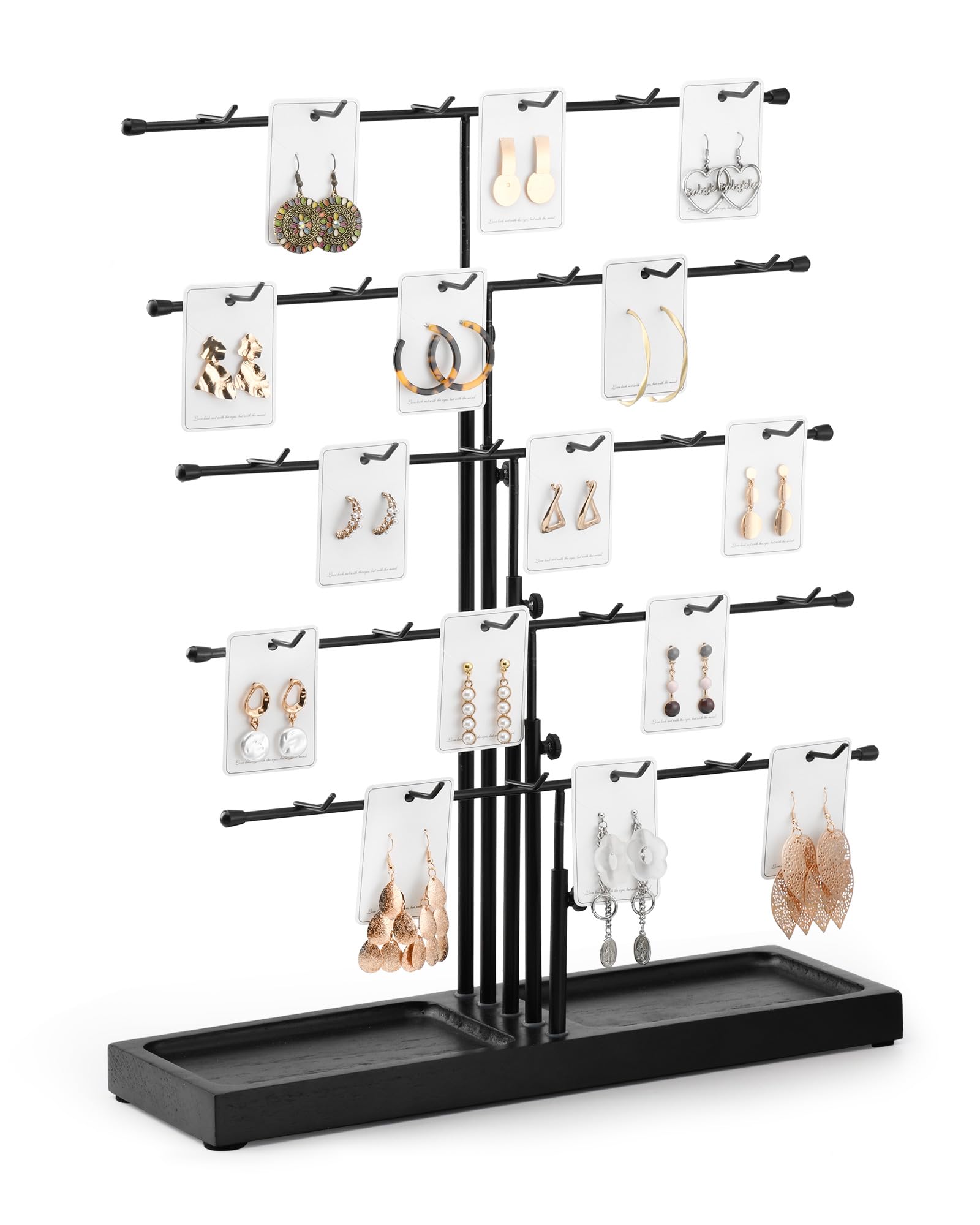 HULISEN Earring Display Stands for Selling, Adjustable Earring Displays for Vendor Events, Craft Fair, Black Jewelry Display Holder Rack with Wooden Tray for Selling Earring Cards, Keychains, 30 Hooks