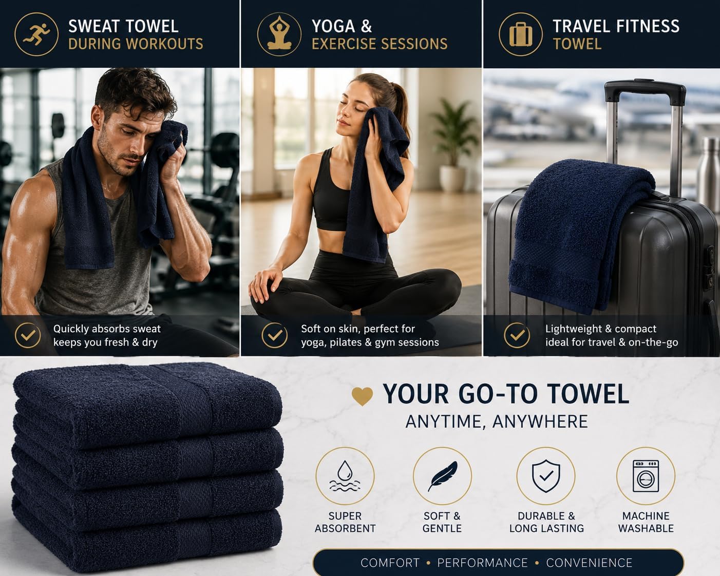 Black Hand Towels Set of 2, 100% Ring Spun Cotton, 16 x 28 Inches, 550GSM, Ultra Soft, Highly Absorbent, Quick Drying, for Bathroom, Hotels, Spa