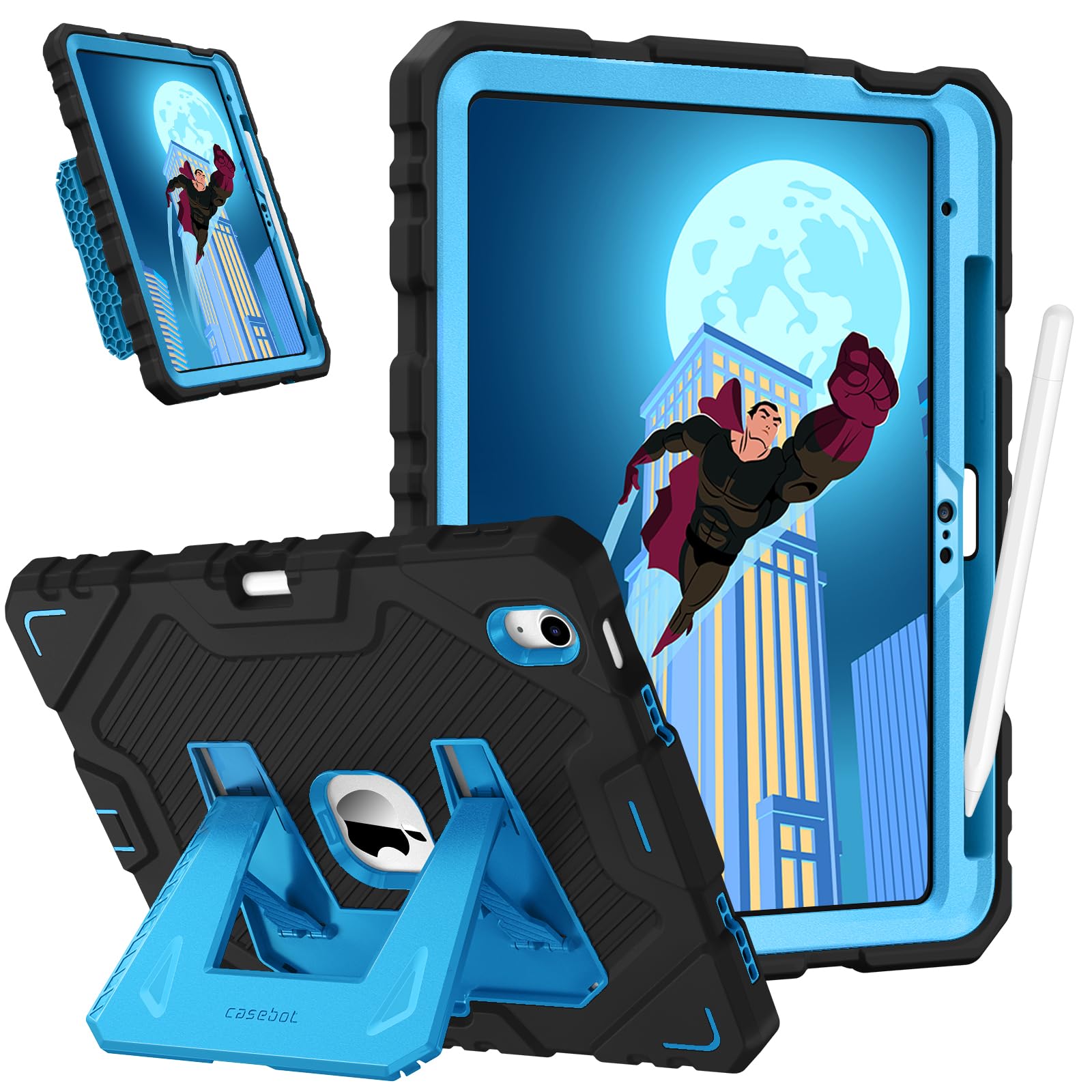 Fintie Kids Friendly Case for iPad (A16) 11th Generation 11 Inch (2025), iPad 10th Generation 10.9 Inch (2022), Fully-Body Rugged Heavy Duty Shockproof Protective Case with Kickstand, Black/Blue