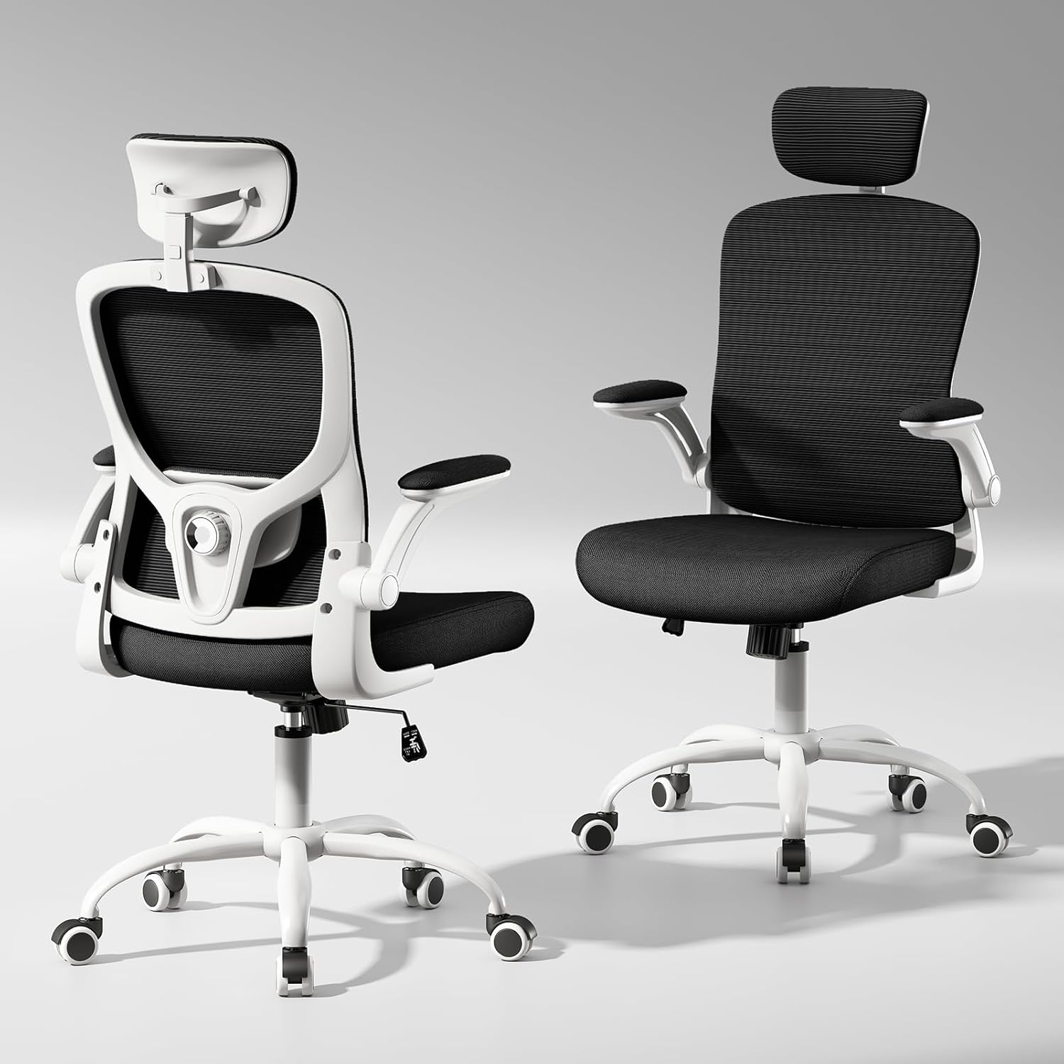 Ergonomic Mesh Office Chair Classroom Chair High Back Desk Chair Swivel Computer Task Chair with Adjustable Flip-up 2D Armrests Up&Down Lumbar Support.Headrest(Black) White-black