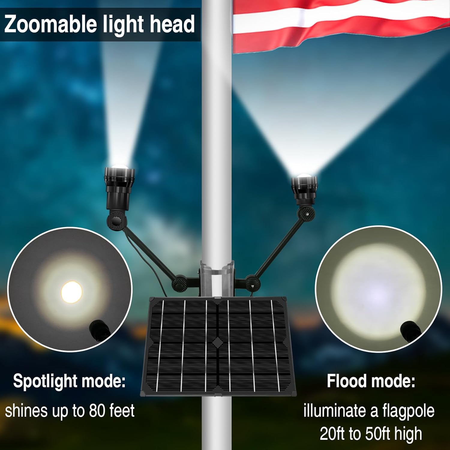 Flag Pole Light Solar Powered, Heavy Duty Metal Flag Pole Solar Light with Crystal Glass Zoom-in Spotlights, 12000mAh Waterproof, Suitable for Outdoor in-ground 15-40ft Flagpoles