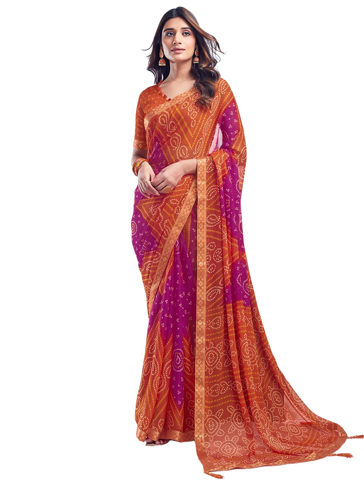 SAMAH Women's Bandhani Printed | Leheriya Printed Chiffon Saree with Unstitched Blouse Piece