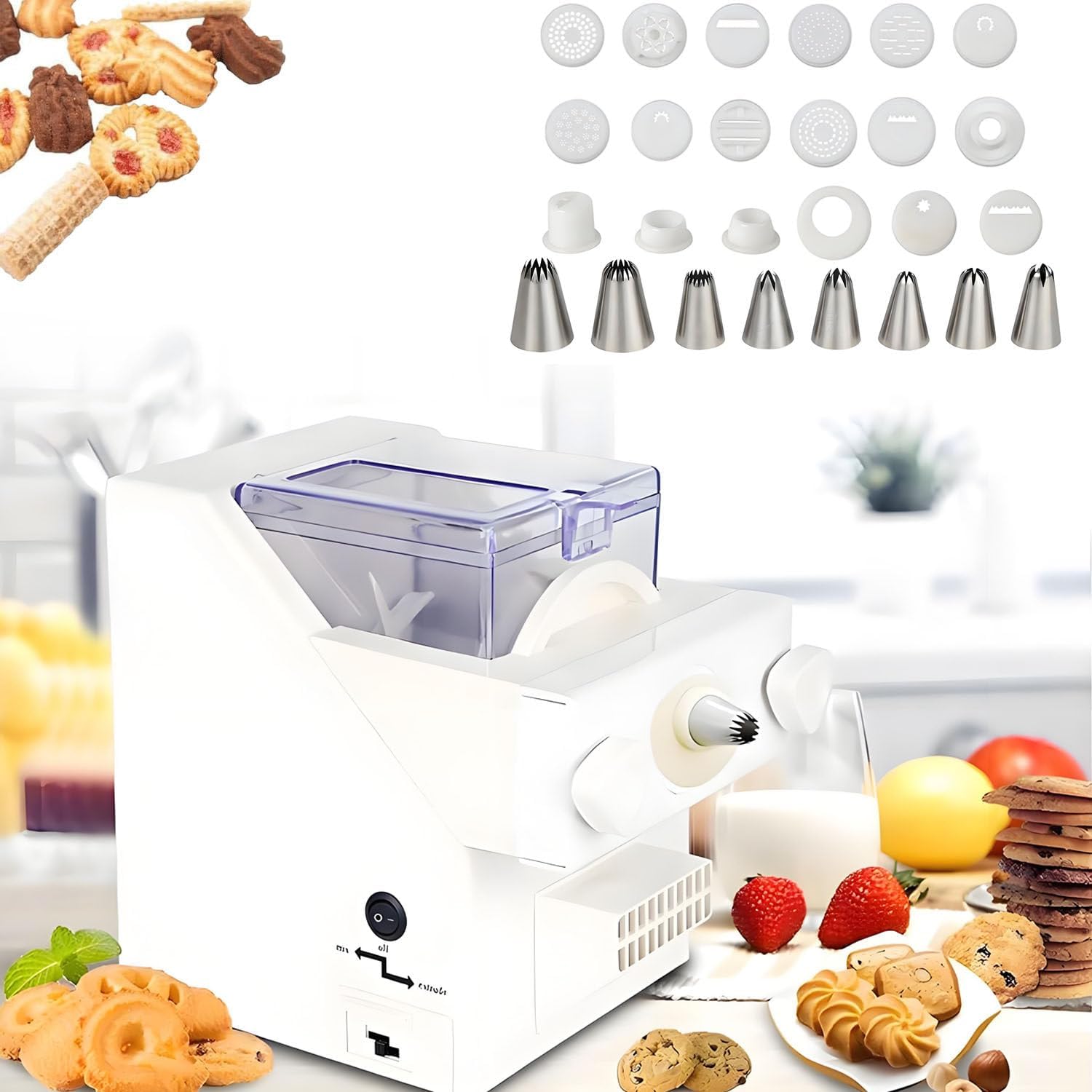 Cookie Press Biscuit Maker, Automatic Cookies Making Machine, 50-60Rpm Electric Biscuit Cookie Making Machine,8 Replaceable Nozzles,6 Cookie, Multifunctional Biscuit Form Maker