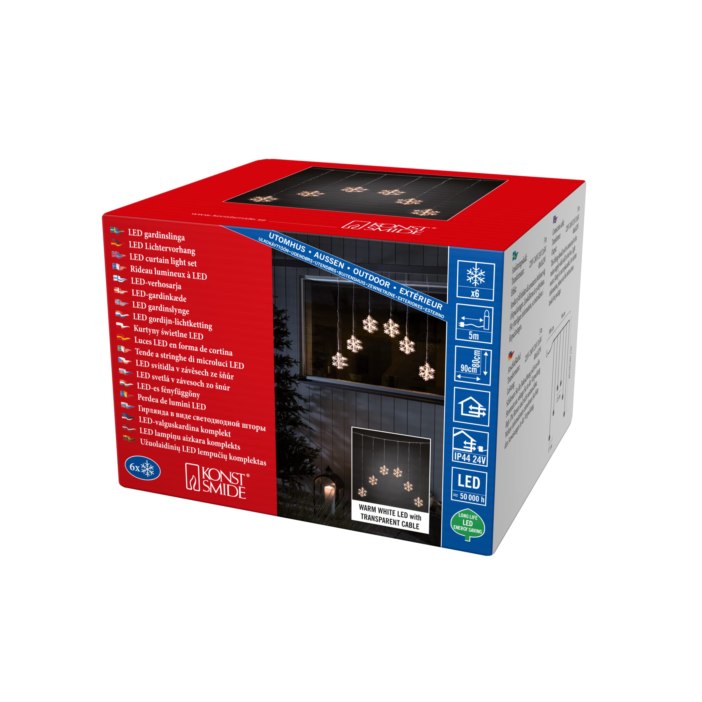 Konstsmide 4044-103EE - Tenda luminosa natalizia a LED con fiocco di neve, per esterni o interni, IP44, 48 diodi bianchi caldi/cavo trasparente