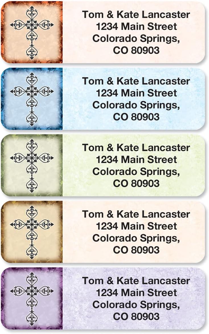Rejoice Religious Rolled Personalized Return Address Mailing Labels with Dispenser, Set of 250, 5 Designs, Small ¾ x 2½ Inch Size, Custom Self-Adhesive Sticker Roll, by Colorful Images