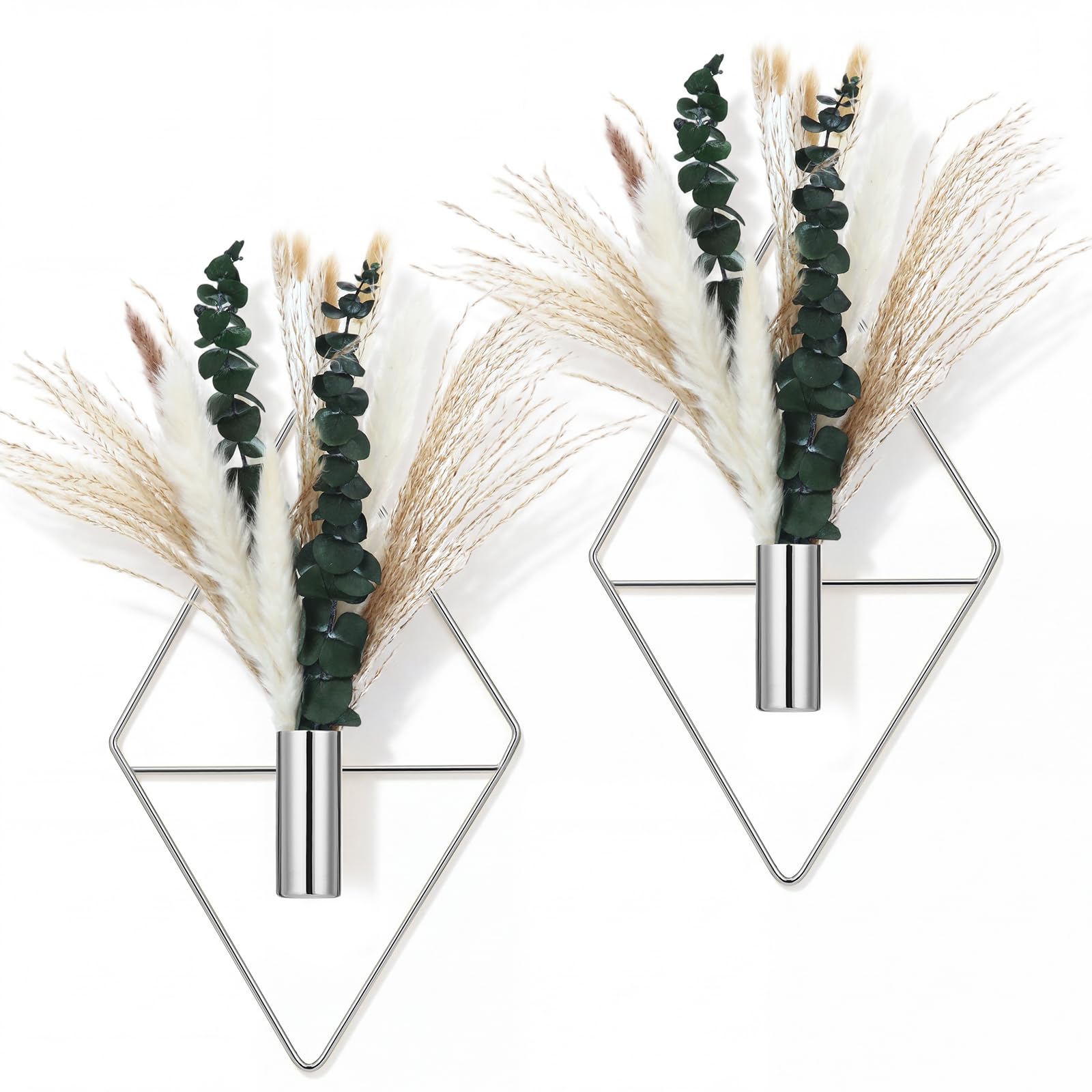 Canlierr 4 Pcs Chrome Silver Wall Decor Hanging Planters with Artificial Plants Eucalyptus Pampas Grass Metal Hanging Vase Indoor Holder Modern Boho Wall Art for Bathroom Bedroom Living Room Decor