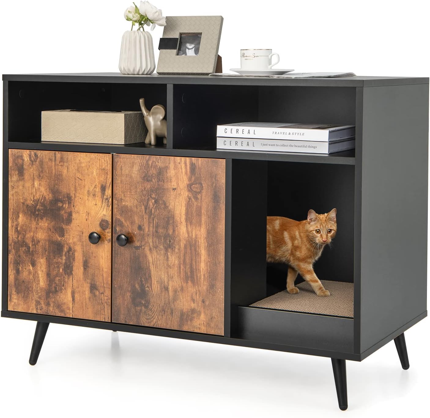 GOPLUS Caja de Arena para Gatos, Mueble Arenero Escondido con Doble Puerta, Compartimentos y Tablero Rasca, Casa de Mascotas de Interior, Lavabo Oculto para Gatos, Estilo Industrial, 90 x 50 x 70 cm