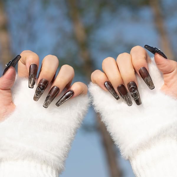 Sun&Beam Nails Handmade Press On Nails Long Coffin Black Silver Smoky Marble with Cross Glitter Glossy 10 Pieces for Everyday Wear and Going Out (#003 S) - 3
