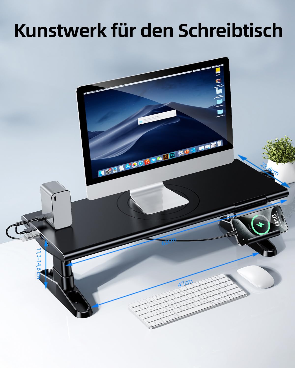 Monitorständer mit 6 USB C 3.0 Hub,HöHenverstellbar Monitor Erhöhung Schreibtisch Organizer Monitor Stand Riser mit Handyhalterung,Bildschirmerhöhung Ständer für Laptop,Computer,PC,Tv(Schwarz)
