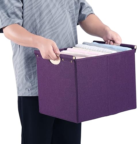 Miniatura 6 de HOONEX Contenedores de almacenamiento plegables grandes, tela de lino, paquete de 2, cestas de almacenamiento con asas de transporte de madera y