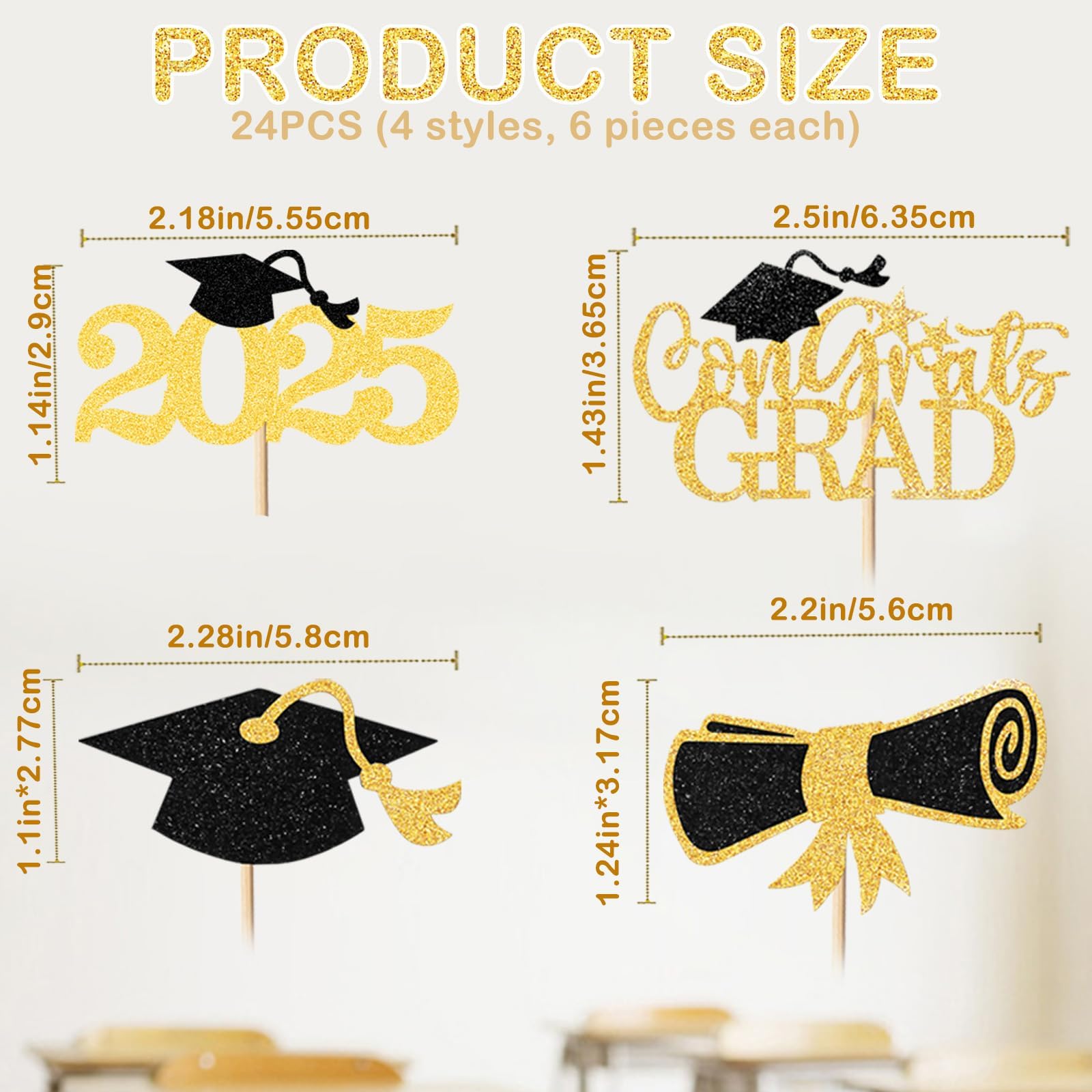 24Pcs Graduation Cupcake Toppers 2025, Graduation Party Decorations 4 Styles Graduation Cake Decorations of 2025, Cake Topper Graduation Cake Topper Class with Grad Cap Diploma Congrats Grad Sign