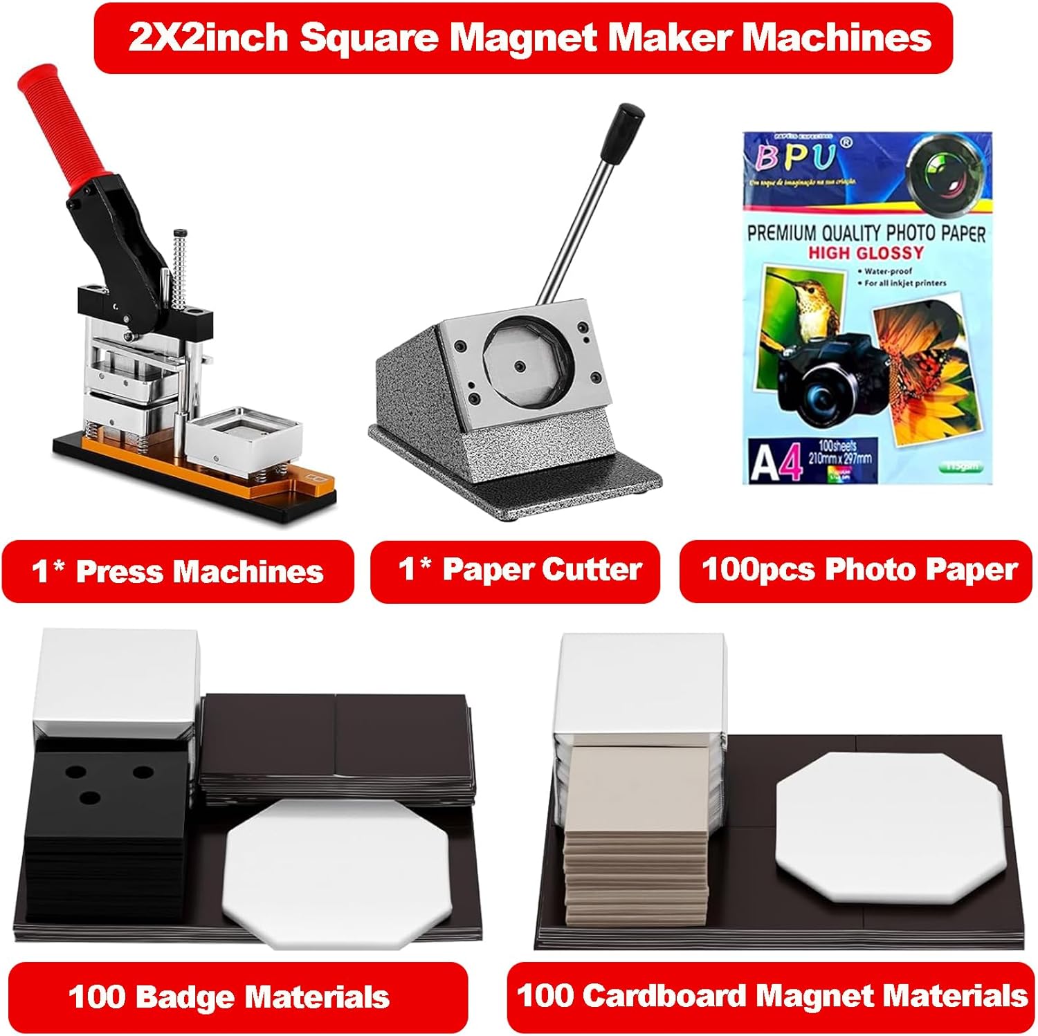 2x2inch Square Magnet Maker Machine Kit, 50x50mm DIY Photo Fridge Magnet Maker Machine + Paper Cutter + 100set Cardboard Magnet Materials + 100set Badge Materials + 100pcs Photo Magnet Maker Machine
