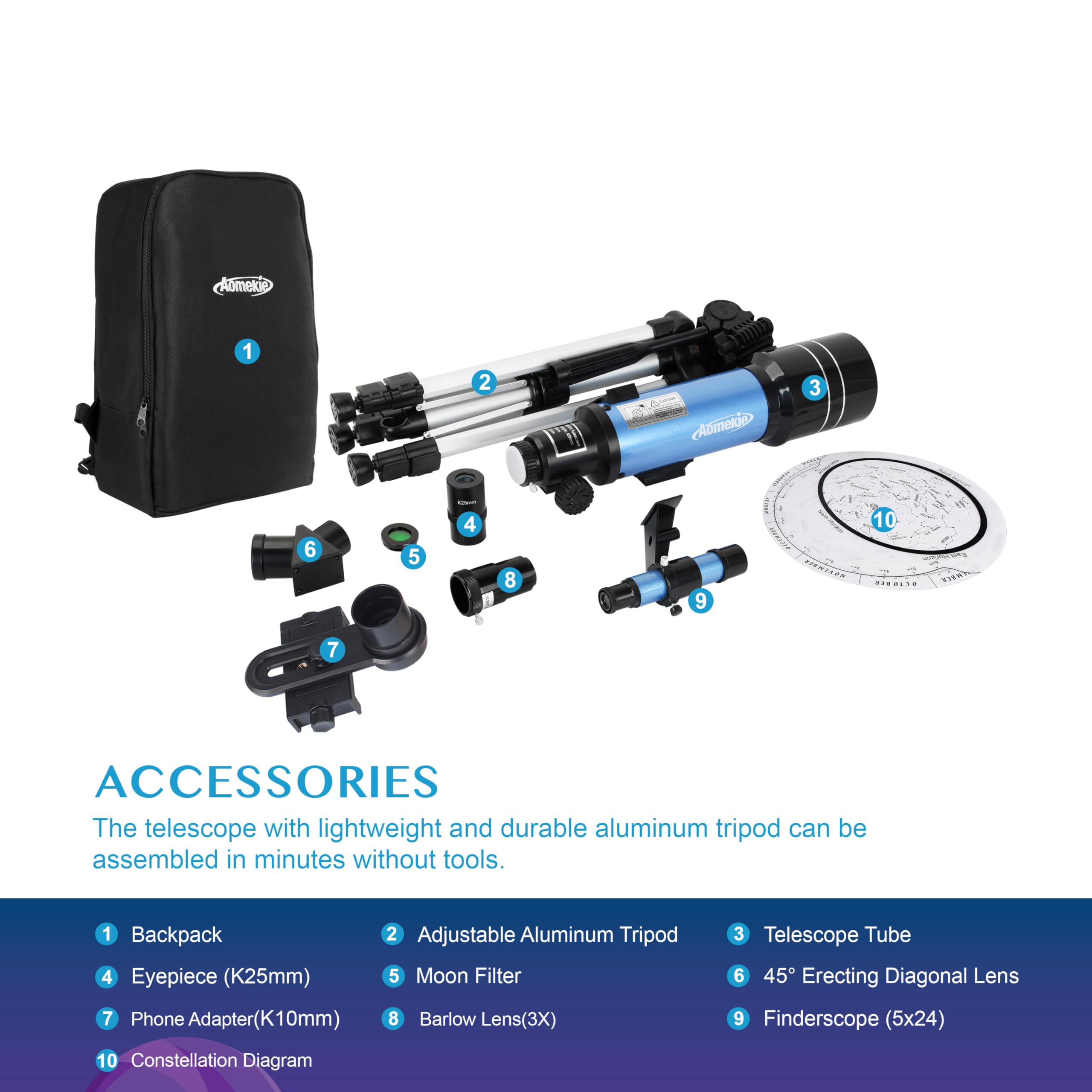 Aomekie Télescope Astronomique Adulte 400/70mm Lunette Astronomique Réfracteur avec Adaptateur de Téléphone Trépied Ajustable et Chercheur pour Débutants
