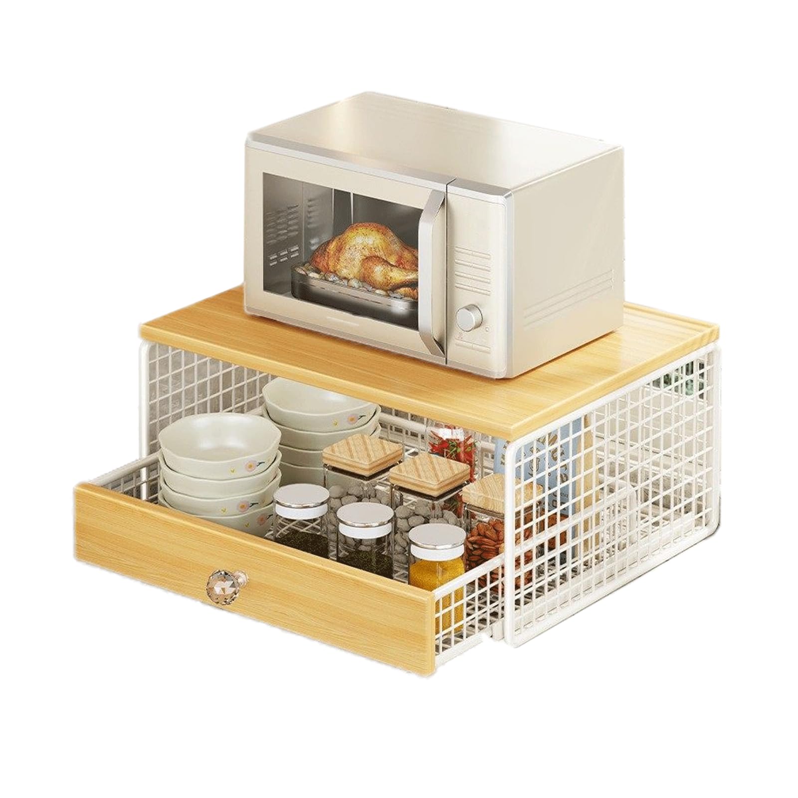 Soporte para Microondas 2 Niveles con CajóN ExtraíBle Madera MarróN Antiguo Bandeja De Malla MetáLica Multifuncional para Cocina
