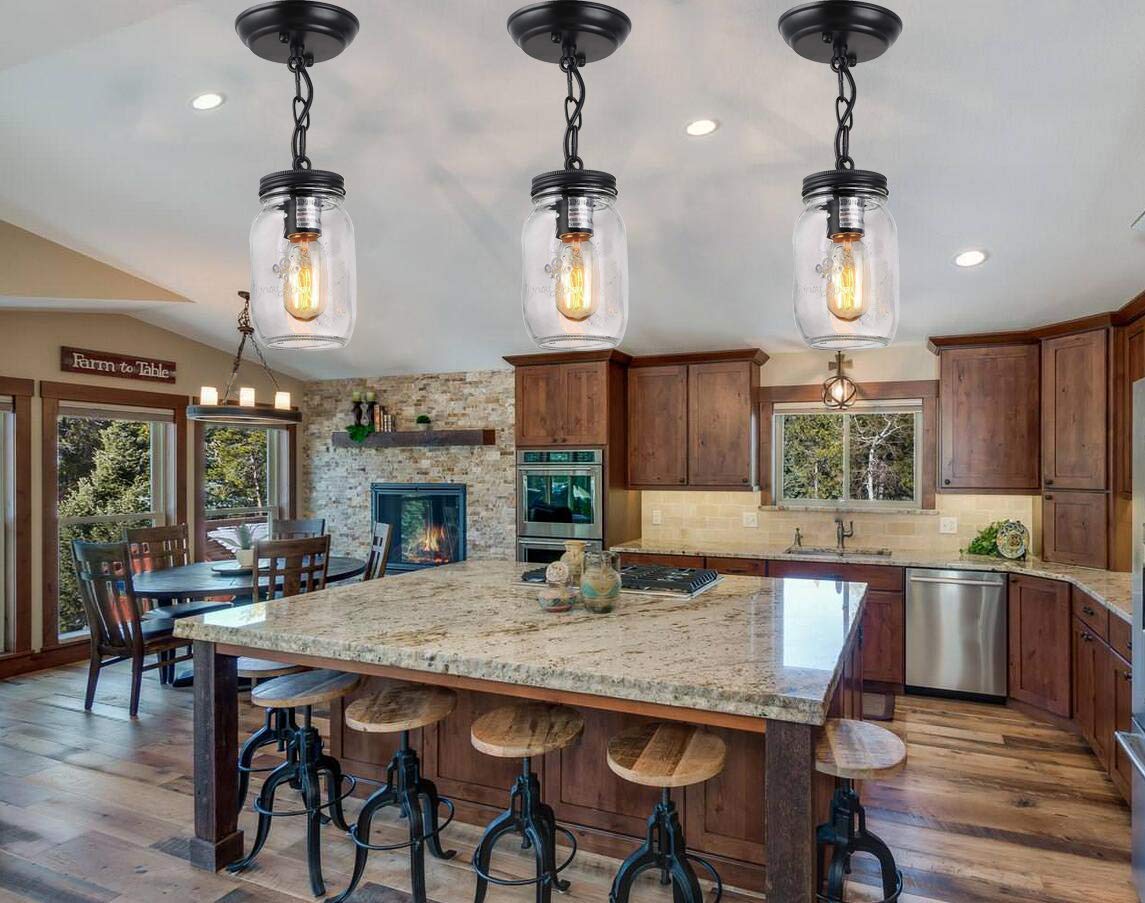 Candelabro de Granja para Accesorios de iluminación de Cocina, Luces de Vidrio, lámpara Colgante de Tarro de albañil para Accesorios de iluminación de Comedor, Acabado de Metal Negro