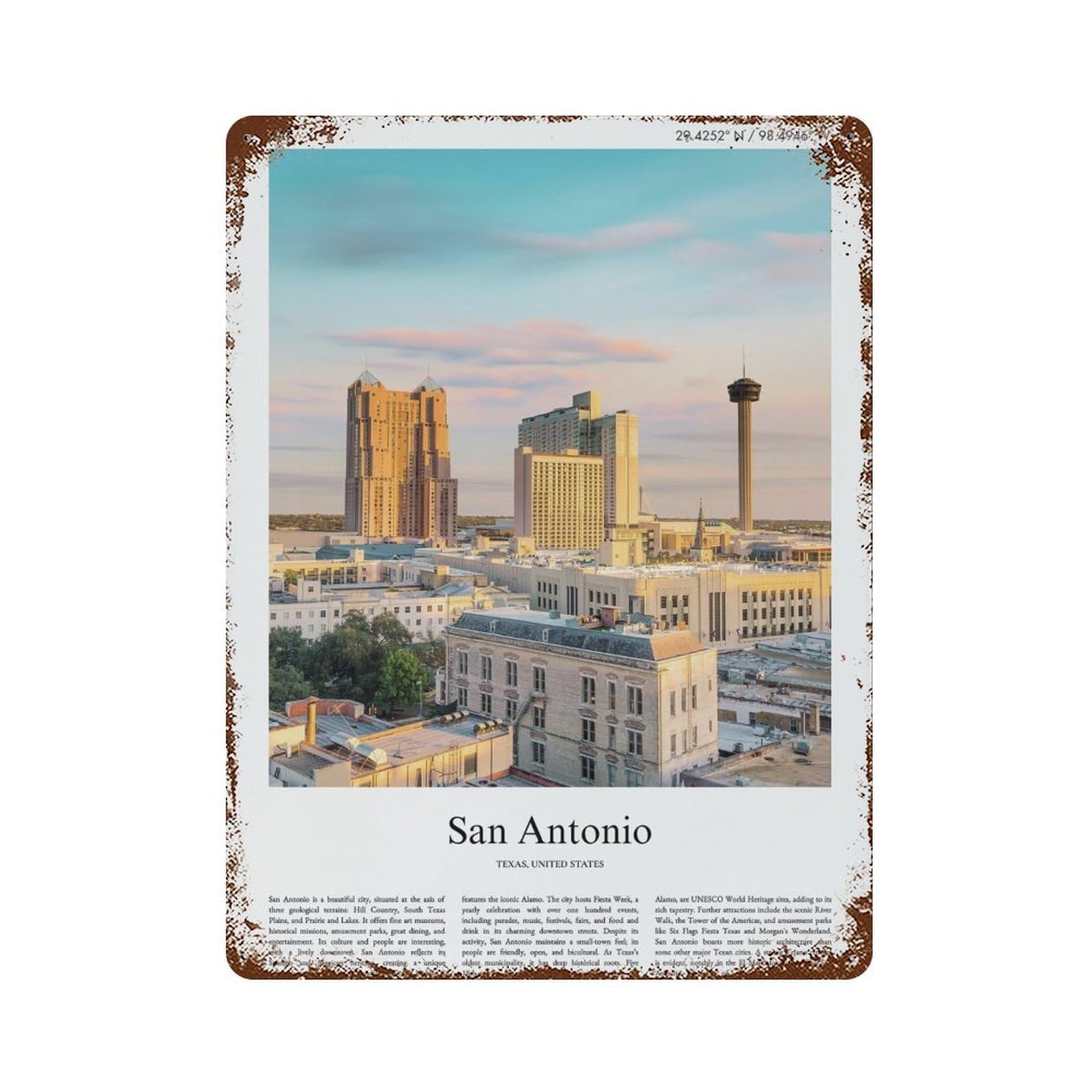 xiaoxiaoshen San Antonio, Texas, United States, USA City Scenery Wall Decor Art Metal Tin Poster Modern Home Decor Art Home Bar Shop Decorations Vintage Sign 40x30cm