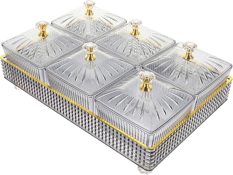 Zerodeko Decorative Tray 1 Set of Divided Serving Dishes with Lid Plastic Snack Appetizer Tray Dry Fruit Veggie Bowls with 6 Compartments Relish for Candy Chips Dip Nut Grey Snack Container