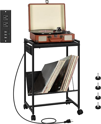 Soporte para tocadiscos con estación de carga, mesa para tocadiscos de 2 niveles con 3 divisores de liberación rápida, soporte de almacenamiento