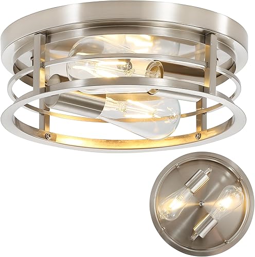 Miniatura 7 de Lámpara de techo redonda empotrada de 2 luces, jaula de metal de níquel cepillado de granja cerca del techo, lámpara de montaje semitecho de base