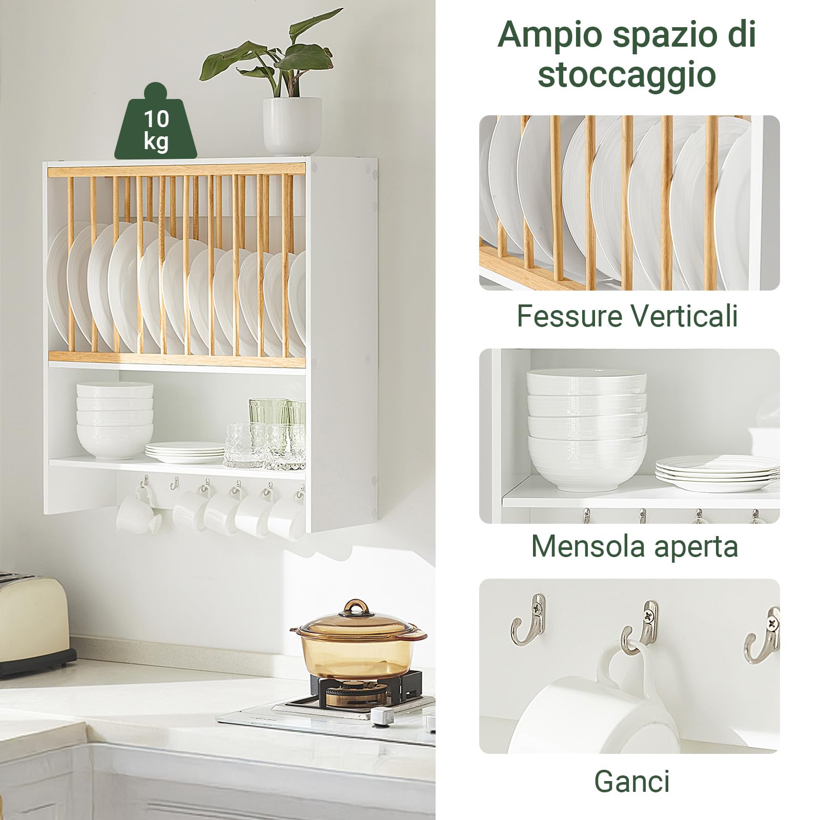 SoBuy Porta Piatti d'angolo, 11 piatti & 7 ganci, bianco, 64x71x24cm | Pensile Cucina con ripiano, asciuga stoviglie & salva spazio, portata 10 kg, MDF/legno, cucina & sala da pranzo, KCR09-W