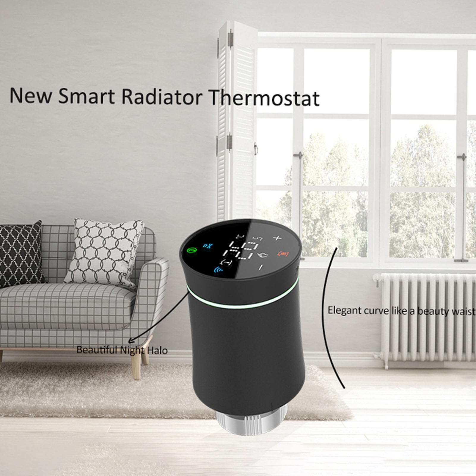 FTVOGUE Termostato Intelligente Valvola per Termosifone Valvola Termostatica Programmabile con Display LCD APP Controllo Vocale Programma 5+2 6+1 7 Giorni per Smart Life 2.4G (BLACK)