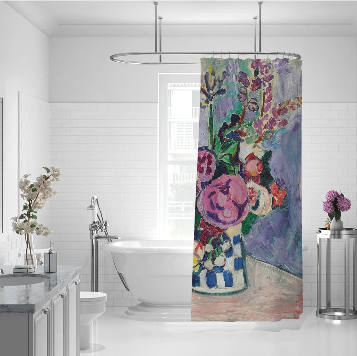 Henri Matisse Shower Curtains Watercolor Flowers Shower Curtain Decor Set Separate Wet and Dry Bathroom Curtain Set with Hooks Pink 36x72 inch
