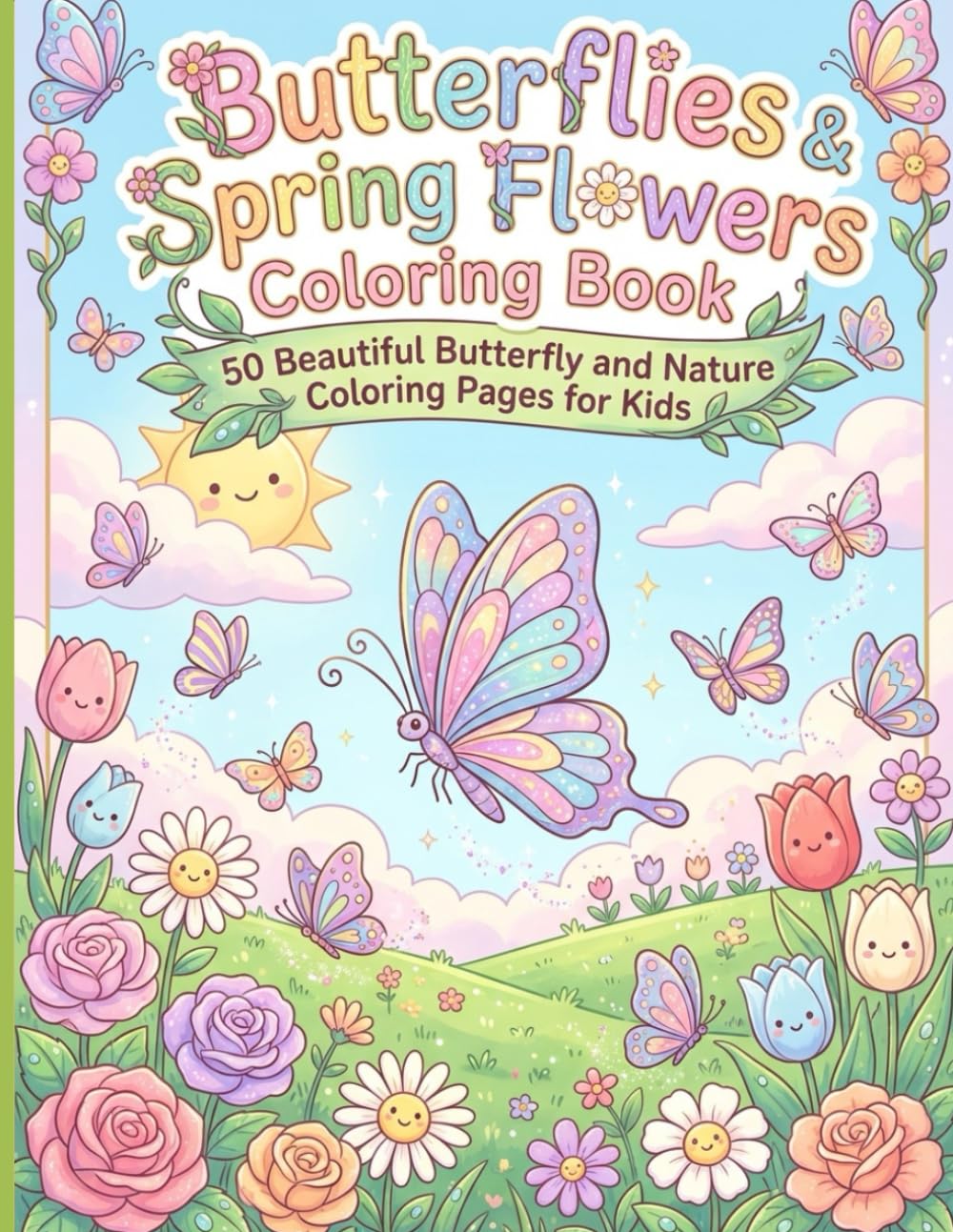 Butterflies & Spring Flowers Coloring Book: 50 Beautiful Butterfly and Nature Coloring Pages for Kids