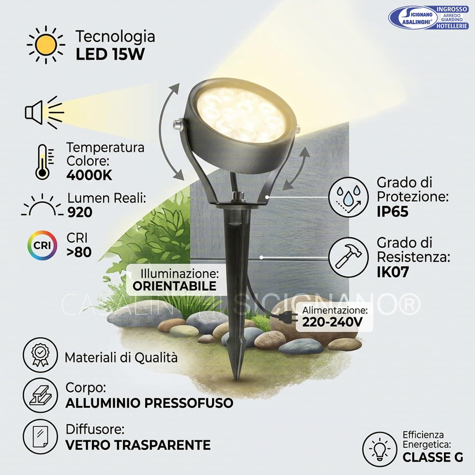 Sicignano x6 Ciak Faretti con Picchetto LED 15W, Grafite, Alluminio Pressofuso, 25°, IP65, 4000K, per Esterno